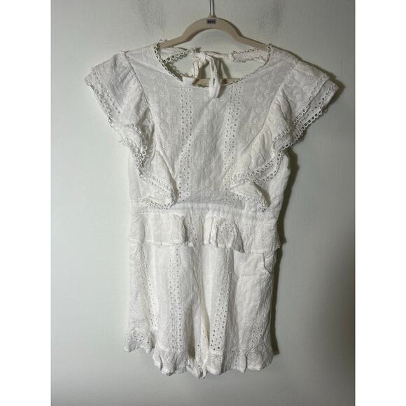 Just Me White Eyelet Lace Flutter Sleeve Jumpsuit Sz L - Picture 1 of 4